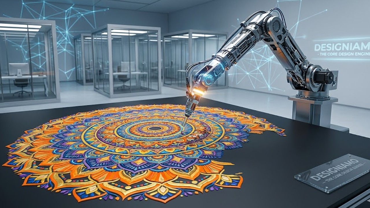 Robotic Arm drafting a vibrant colorful mandala workspace